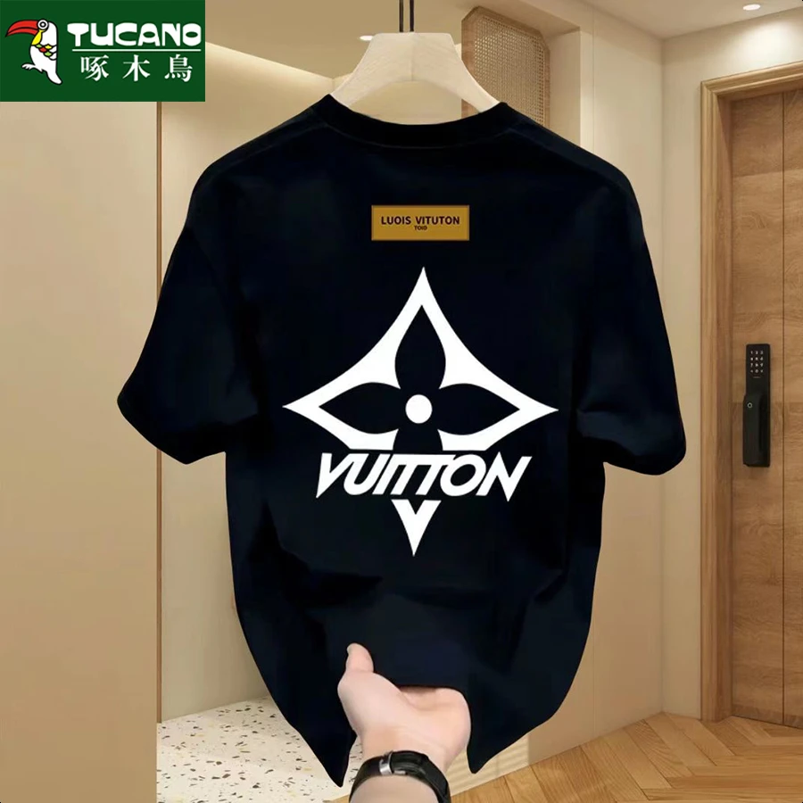 啄木鸟重磅纯棉短袖T恤男士夏季新款2025爆款休闲时尚印花圆领T恤