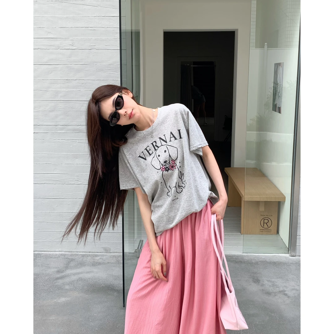 【花环小狗】27351 夏日漂亮韩系独特漂亮白色小狗印花t恤上衣