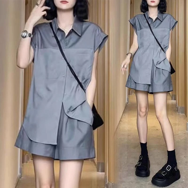 设计感小众时尚套装女夏季2025年新款网红洋气拼接短袖上衣两件套