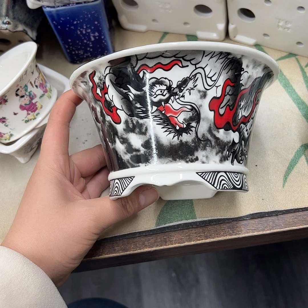 花盆紫砂089号瑕疵15/8cm仿手绘墨龙