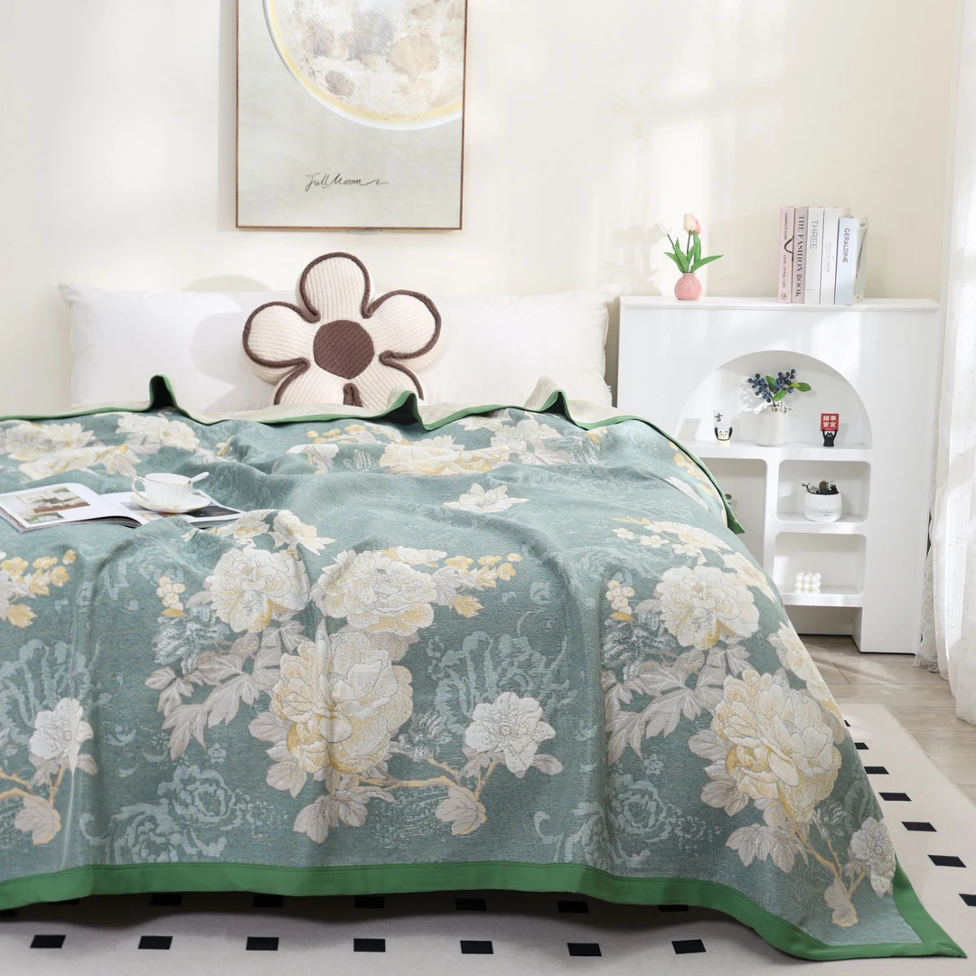 （幻彩繁花绿）230*250大床多功能高档双面提花田园风四季床盖盖毯