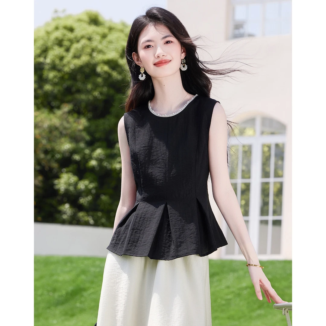 法式无袖背心衬衫女夏季2025新款气质收腰上衣时尚甜美温柔风小衫