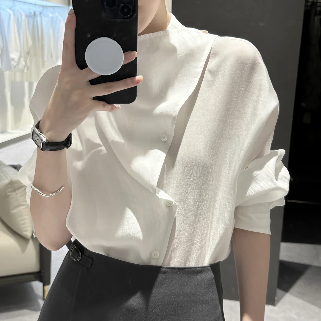 法式轻奢感立领长袖衬衫女款2025秋季新款宽松显瘦不规则开叉上衣