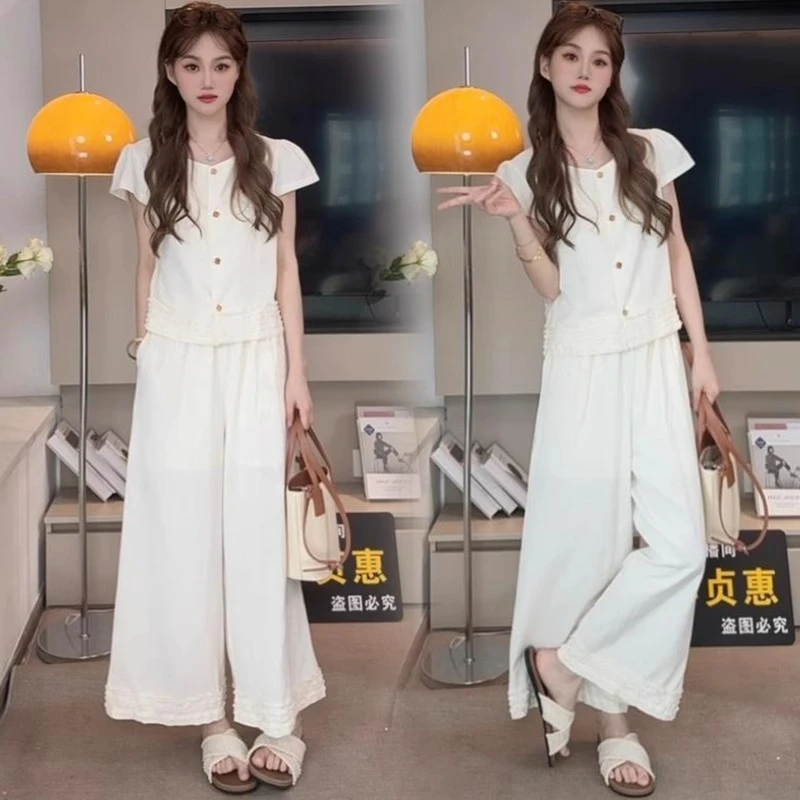 设计感花边短袖小衫+松紧腰阔腿直筒裤老钱风套装女