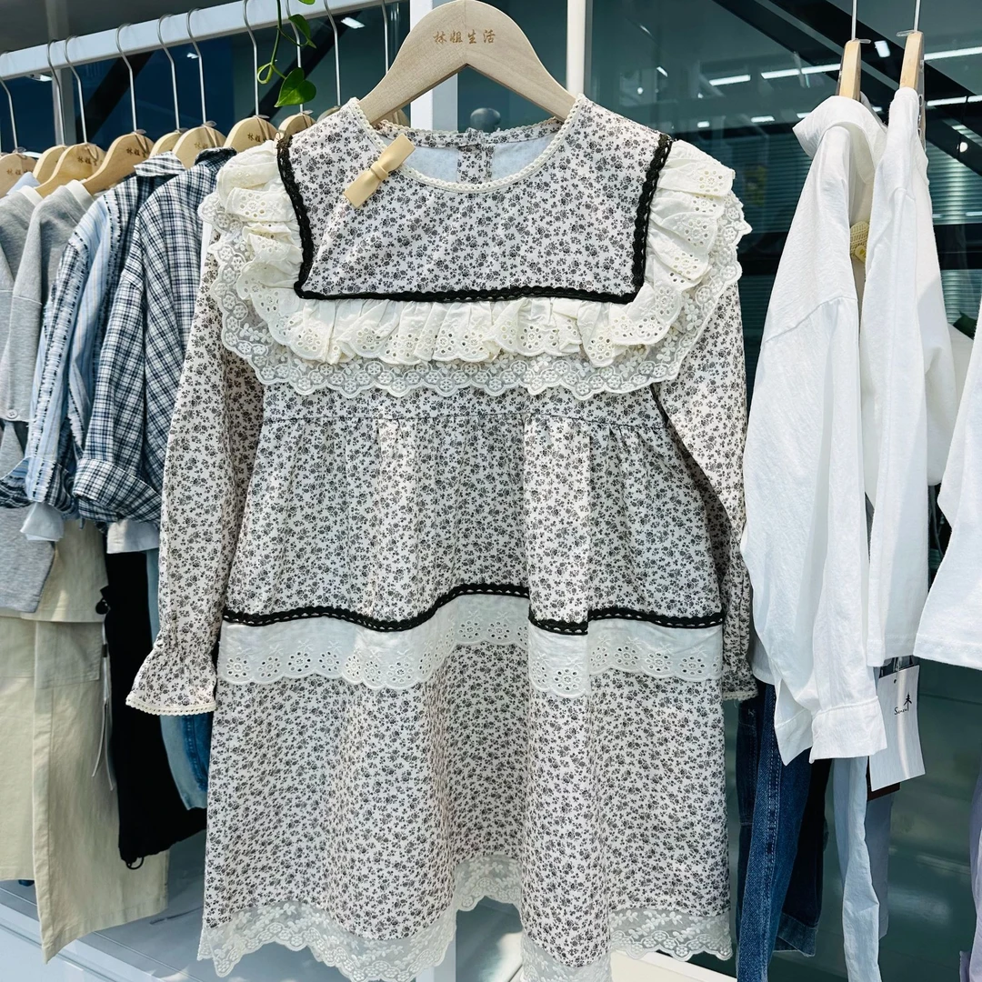 【林姐生活】女童蕾丝碎花时尚娃娃领翻领连衣裙
