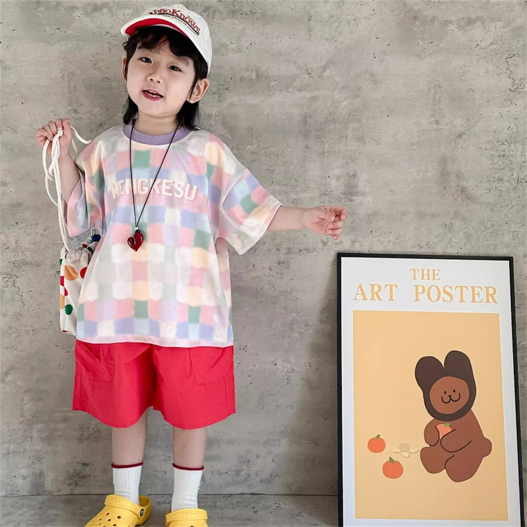 儿童纯棉短袖夏款男女童打底衫日系卡通印花方格T恤小童宝宝洋气