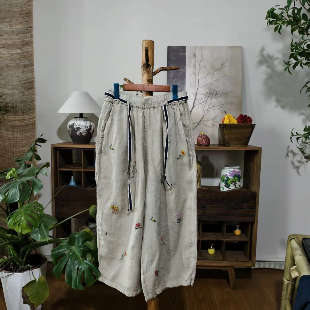 【大梅子推荐】设计款亚麻刺绣阔腿裤SXBY5166