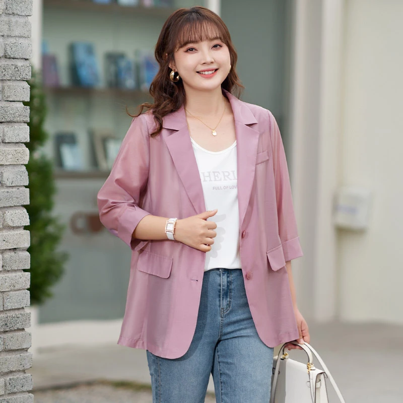 【天丝莱赛尔】MsShe大码女装薄款七分袖开衫轻薄西装外套M2304242