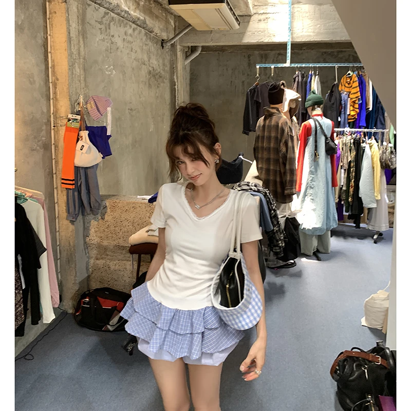 【好一个乖乖女】百变辣妹设计感拼接裙摆小V领短袖T恤4234