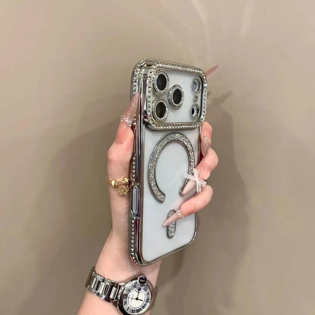 轻奢闪粉钻磁吸适用iphone17promax手机壳苹果16透明15带镜头膜14