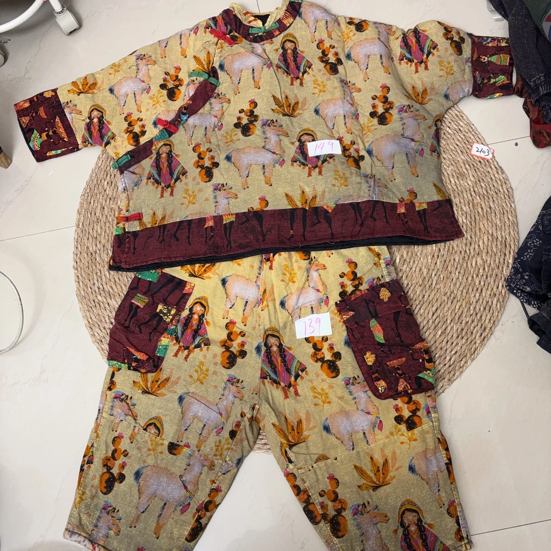 复古做旧重工手绣贴布夹棉立领开衫外套长裤两件套女冬宽松套装