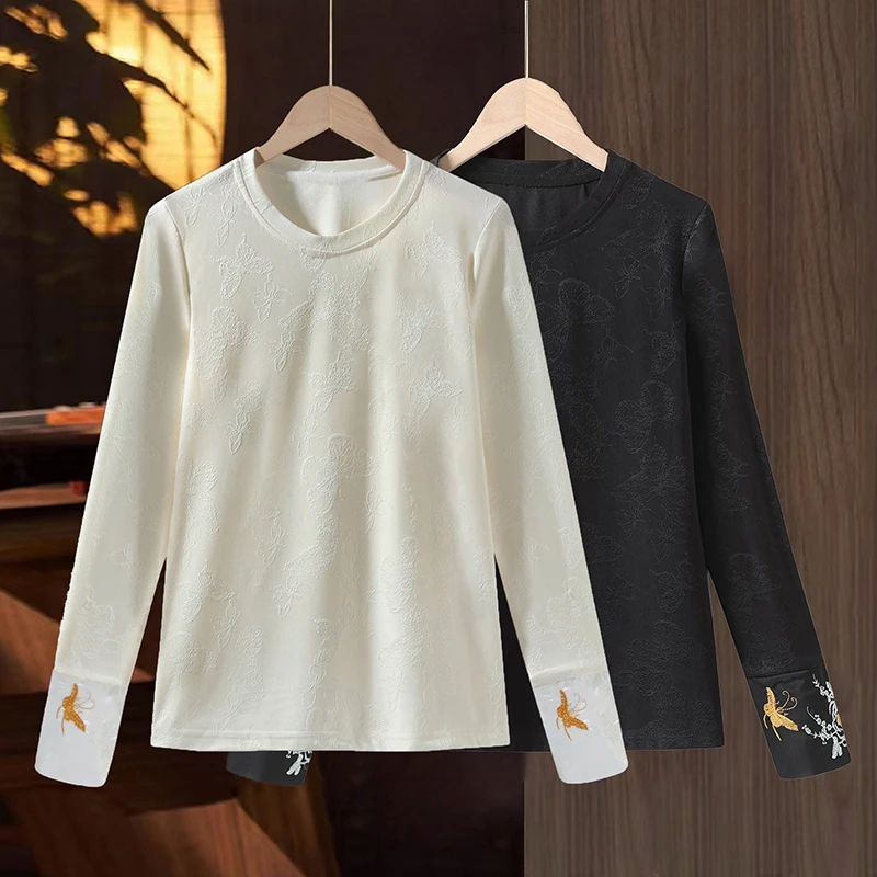 春夏薄款妈妈装打底衫轻薄新中式圆领国风宽松大码春季长袖上衣