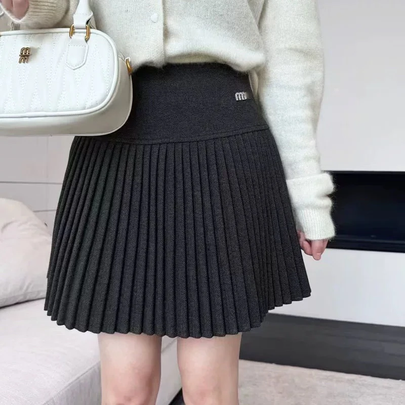 【福利款】高腰字母毛呢深灰色半身百褶A字版短裙百搭