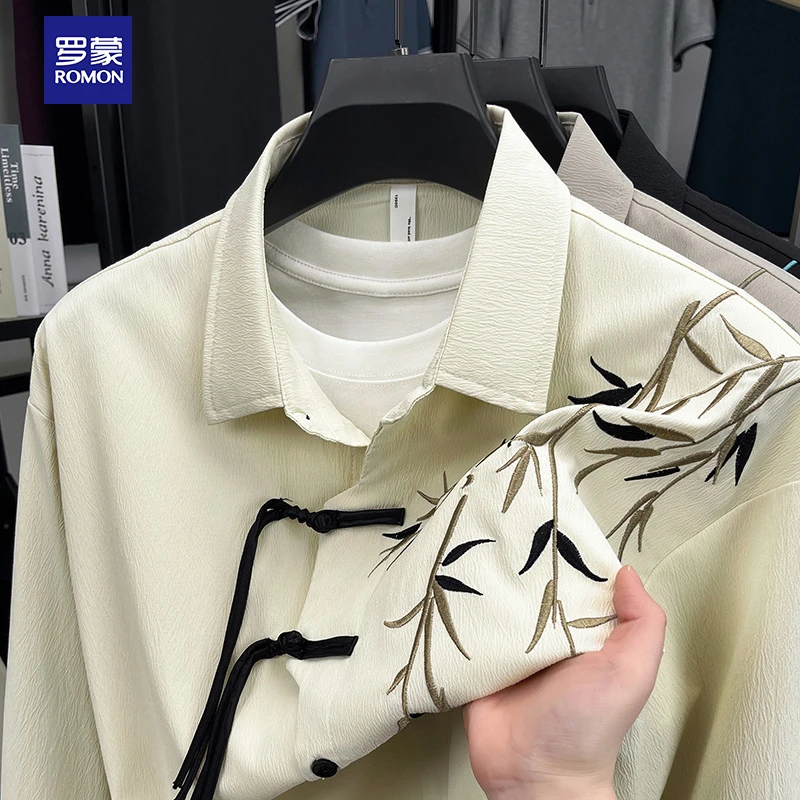 Romon/罗蒙春秋衬衫领男士长袖刺绣衬衫印花宽松白色上衣套装外套