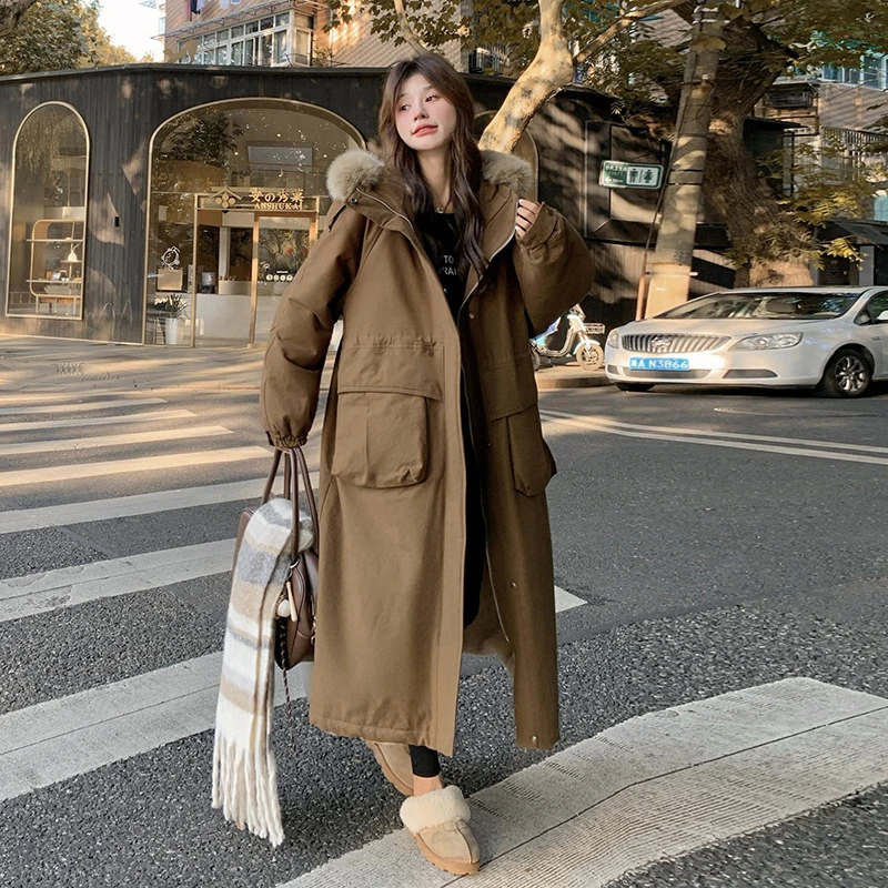 时髦感大毛领连帽长款派克服大衣女2025年冬季高级感加厚保暖棉服