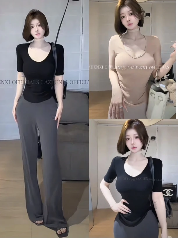 韩版后背镂空v领短袖t恤女慵懒丰胯垂垂裤针织直筒裤休闲显瘦长裤