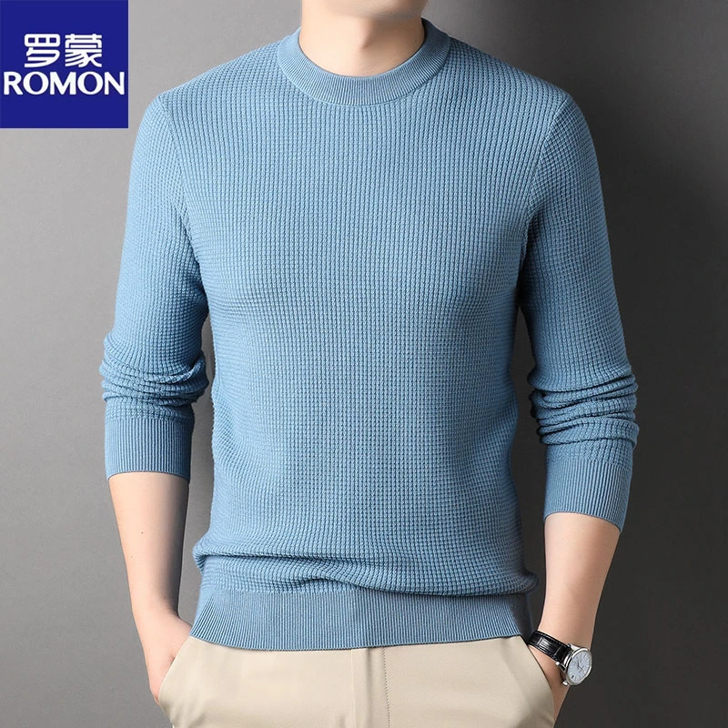 罗蒙纯色圆领毛衣男冬季加厚新款打底衫圆领上衣中青年保暖针织衫