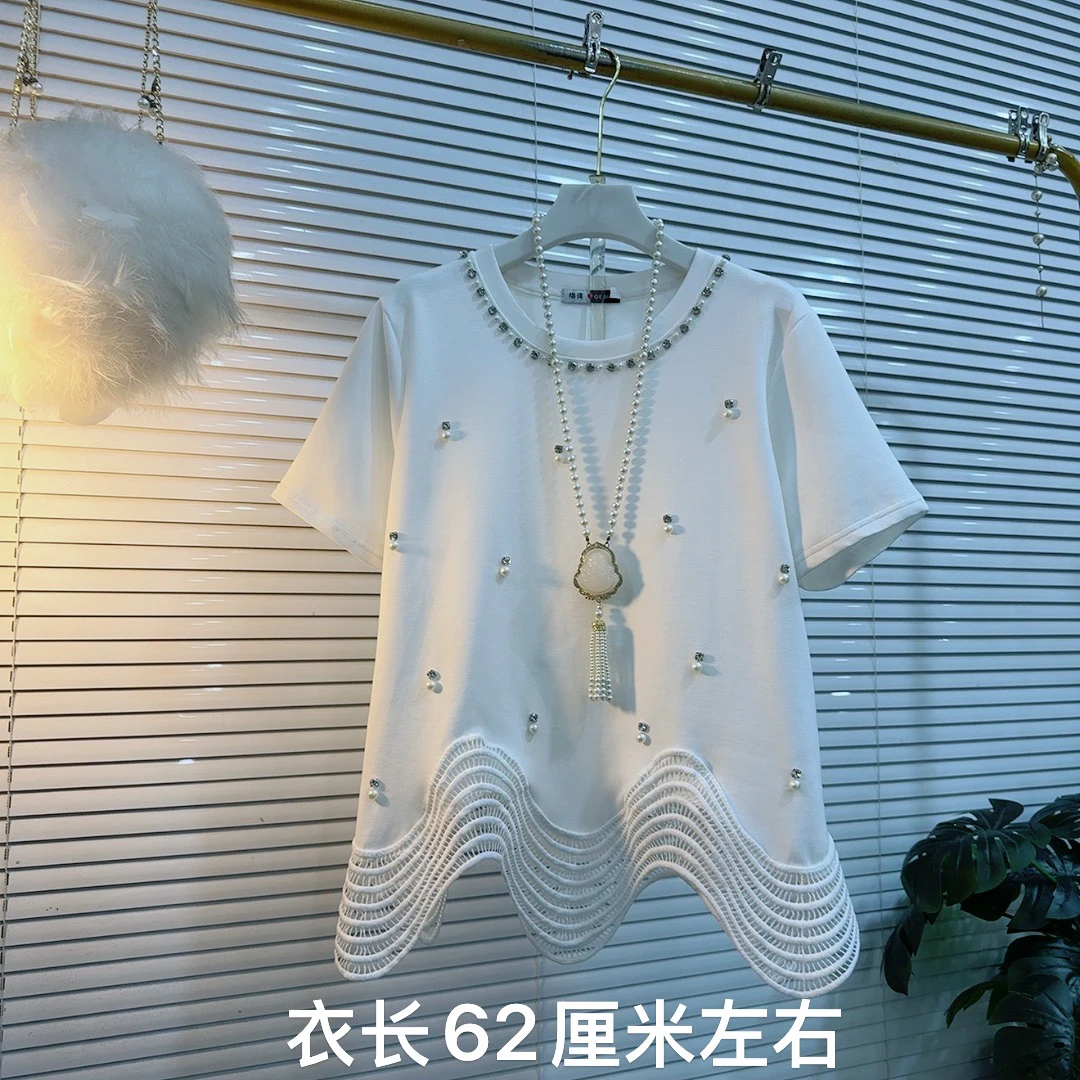 胖MM夏季休闲百搭重工圆领钉钻打底衫