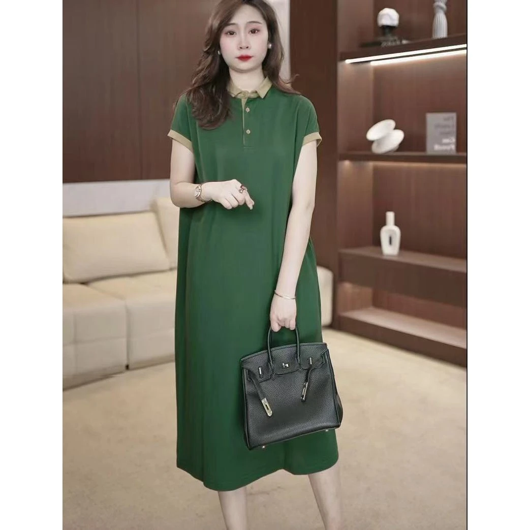 绿色翻领休闲遮肉气质显瘦宽松妈妈连衣裙polo领无袖过膝长裙2933