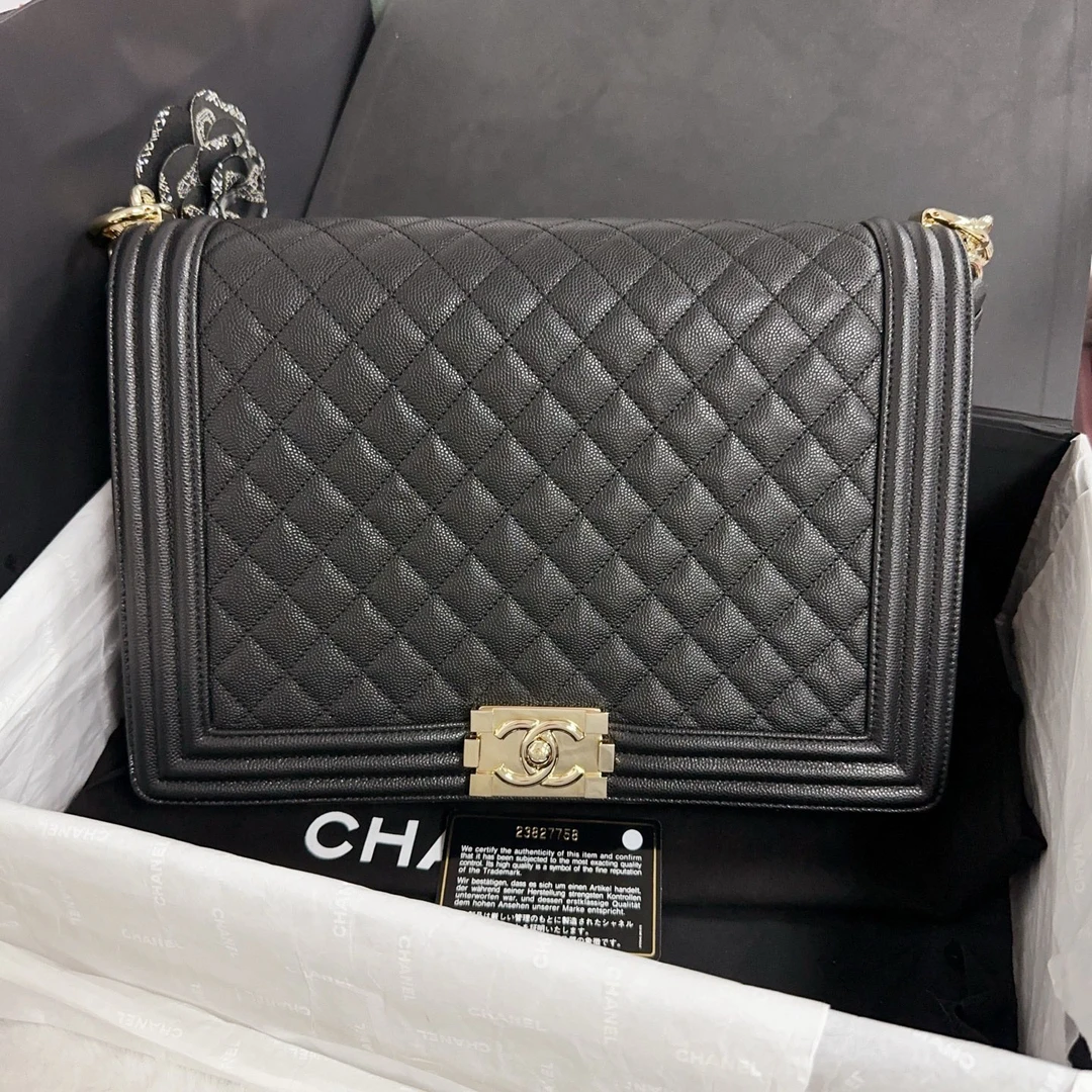99新 Chanel/香奈儿 leboy大号黑金荔枝纹 机场包 7758