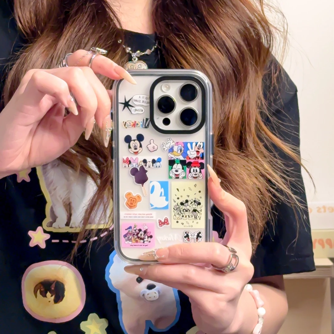 卡通米奇手机壳透明全包适用苹果16pro防摔创意网红ins充电线快充