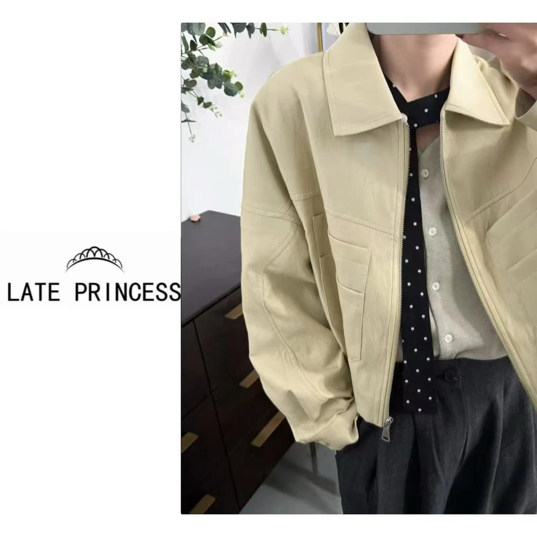 LATE PRINCESS【椰岛】早春城市休闲短款皮衣奶油复古翻领夹克外套