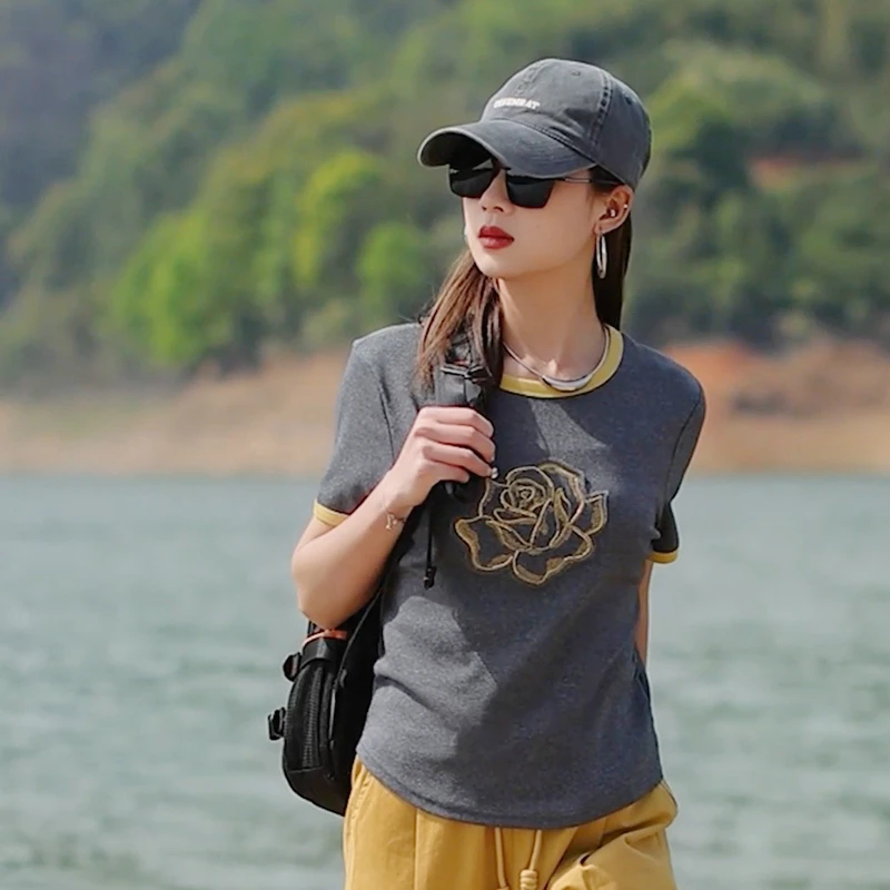 2025夏季新款圆领正肩针织拼接时髦T恤美式显瘦短袖上衣 25058 #