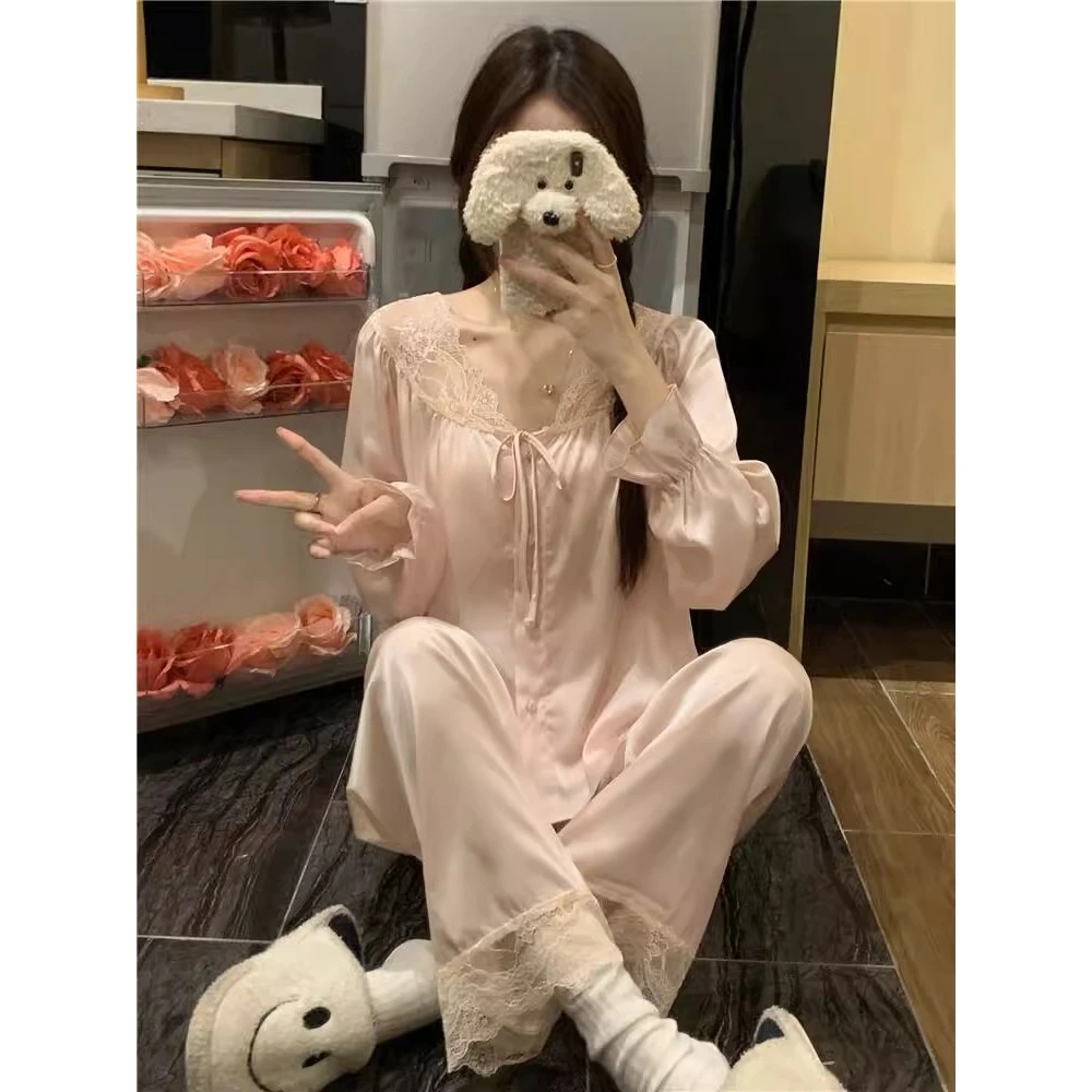 公主风简约纯色长袖睡衣女春秋季性感纯欲蕾丝家居服套装可外穿