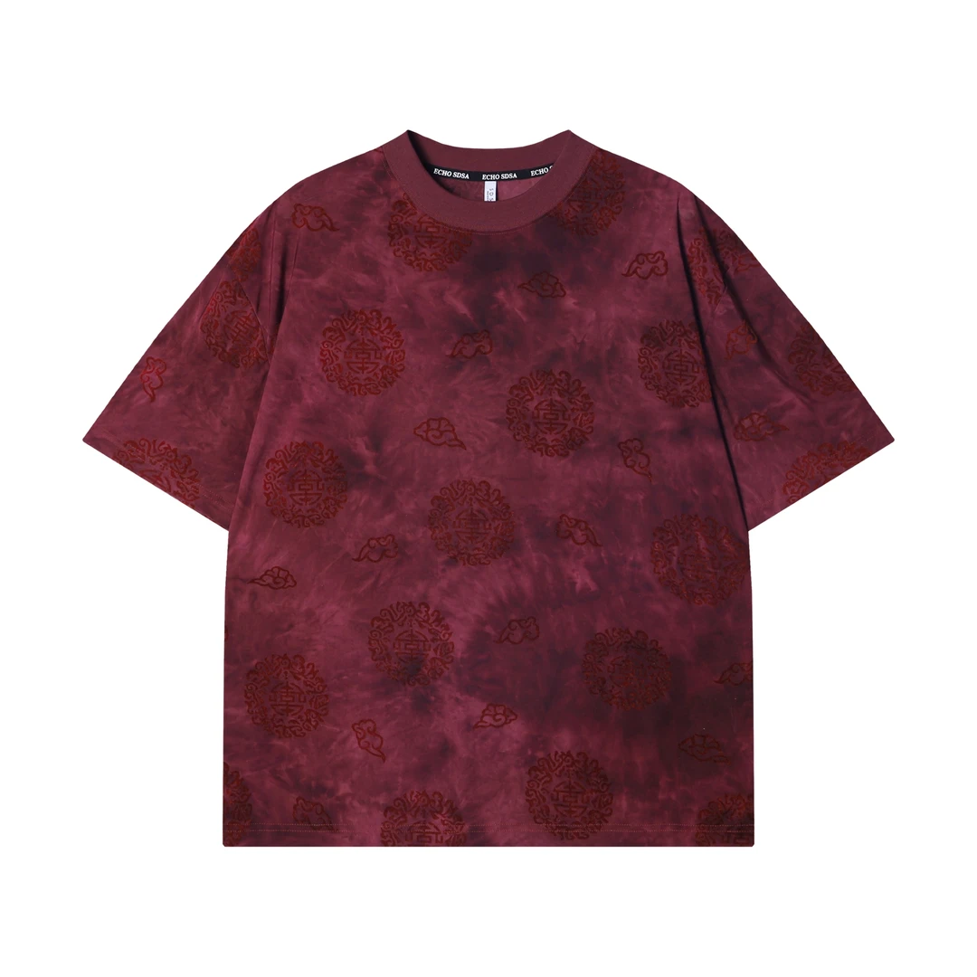 夏季高级感新款美式扎染晕染绒面印花圆领短袖T恤百搭潮流上衣