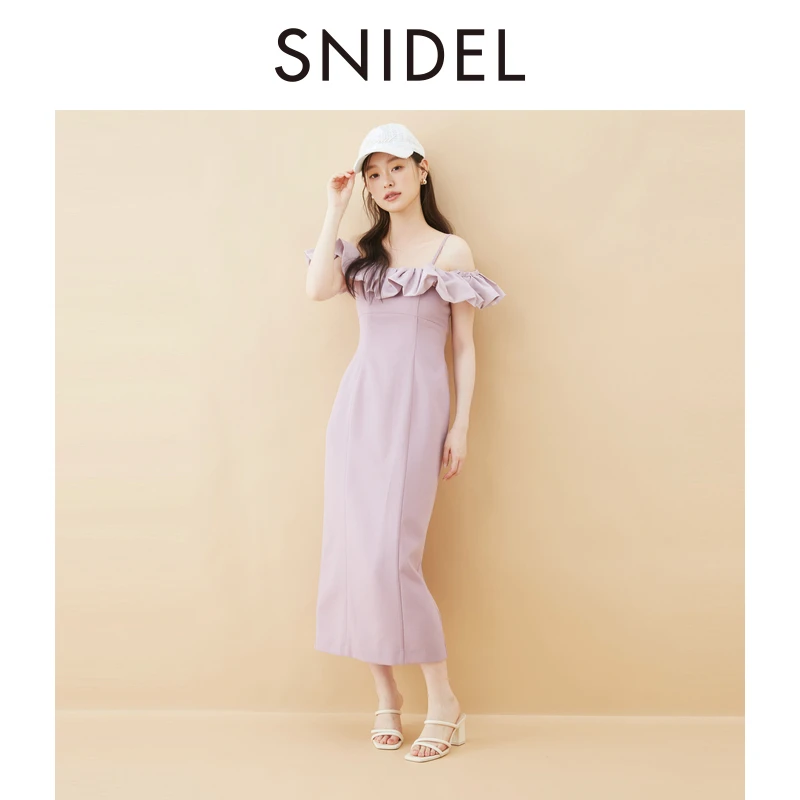 SNIDEL2025春夏新品百搭荷叶吊带露肩气球袖女士连衣裙SWFO254010