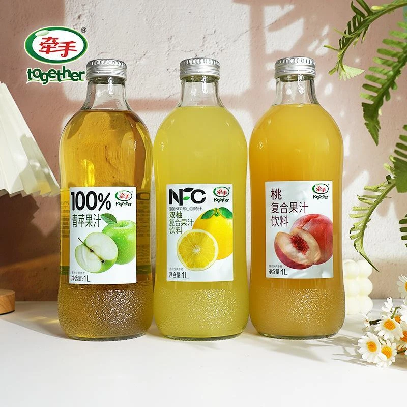 牵手青苹果汁 /双柚汁/桃汁1L玻璃瓶装果汁整箱即饮果汁