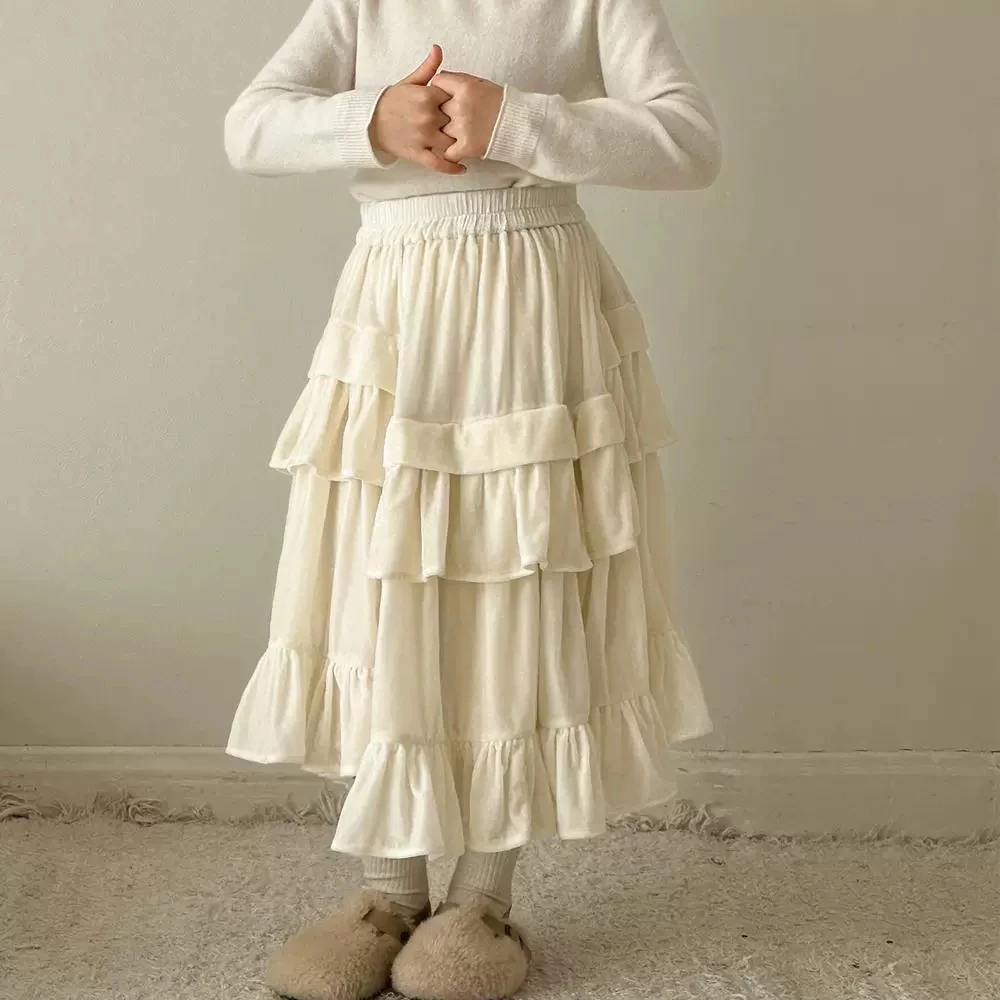 【XD243073】冬款新款米色丝绒半裙韩版儿童装褶皱女宝女童不规则