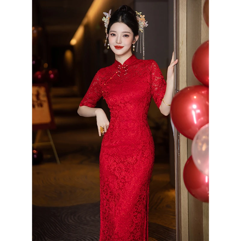 中袖敬酒服新娘旗袍酒红色2025新款订婚礼服裙新中式结婚女高级感