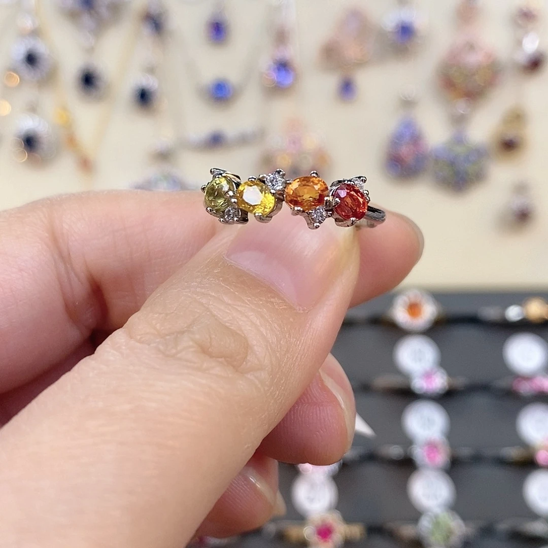 彩色蓝宝石戒指银S925镶嵌