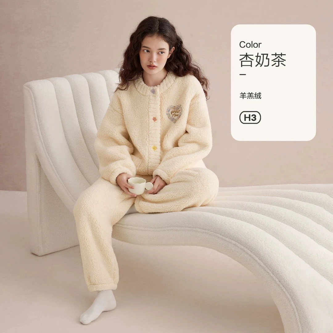 珊瑚绒睡衣女秋冬羊羔绒加厚桂花绒甜美保暖冬外穿家居服两件套装