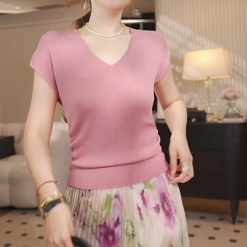 轻薄V领显瘦T恤女短款纯色弹力透气针织衫LK2502998