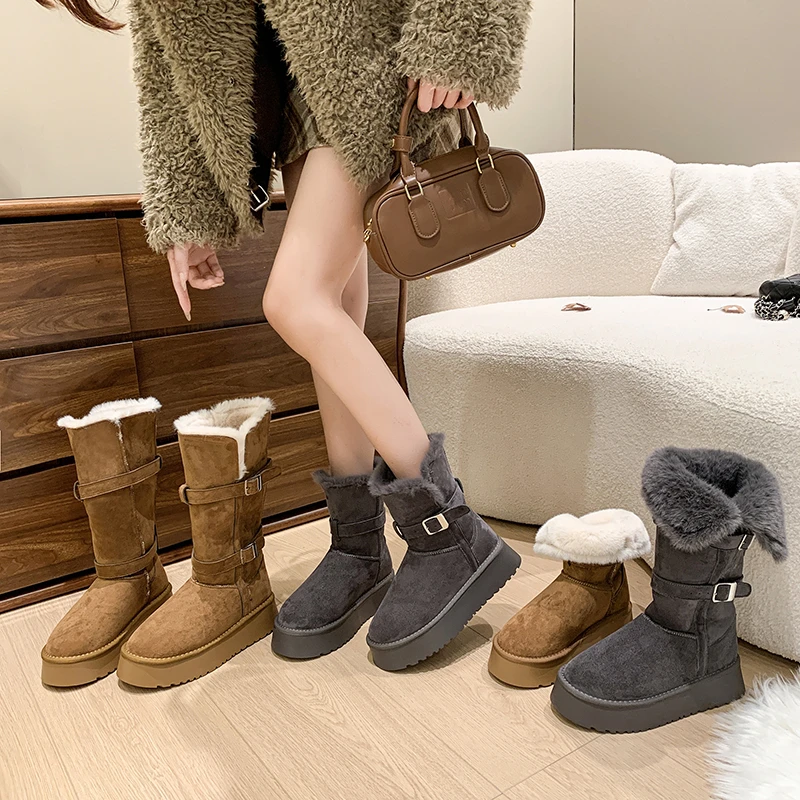 时尚流行毛毛雪地靴女外穿2025冬季新款加绒加厚保暖高筒厚底棉靴
