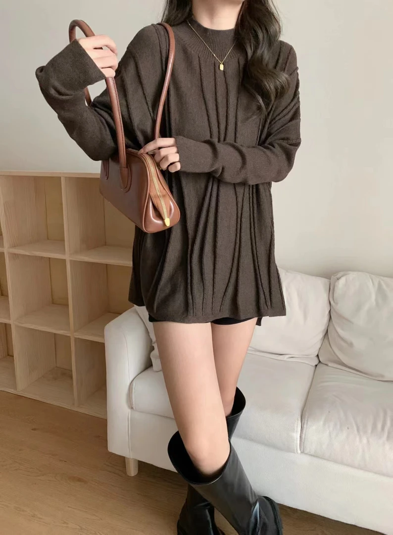 针织休闲毛衣秋冬常规款中长款单件长袖圆领宽松8203