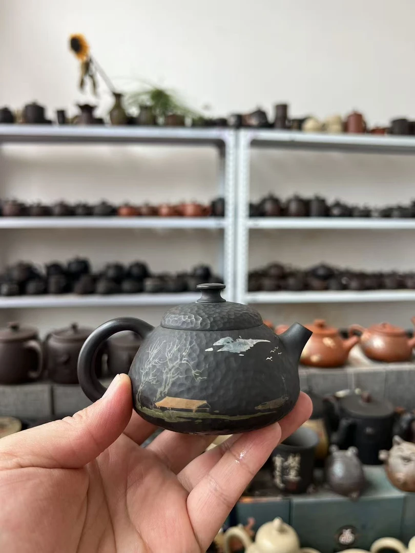 建水紫陶锤纹刻填小容量茶馆水平壶如意壶特价泡茶壶茶具
