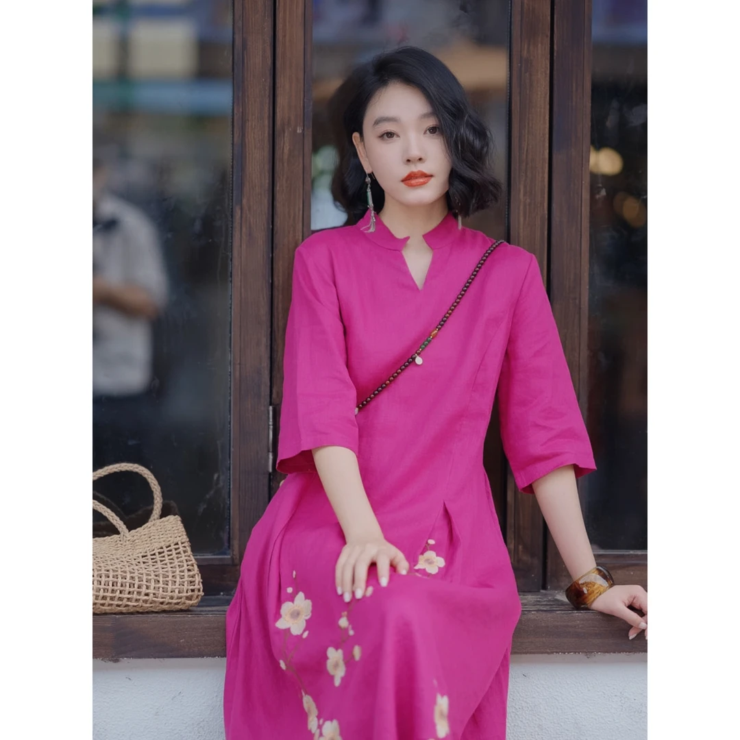 羊在在【梨园行】中式旗袍裙亚麻连衣裙刺绣民族风LYQ25GY1231