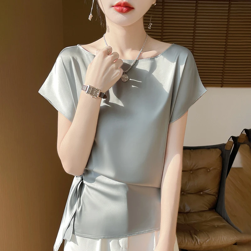法式高级感宽松显瘦丝滑缎面衬衫女一字领薄款上衣短袖T恤衬衣
