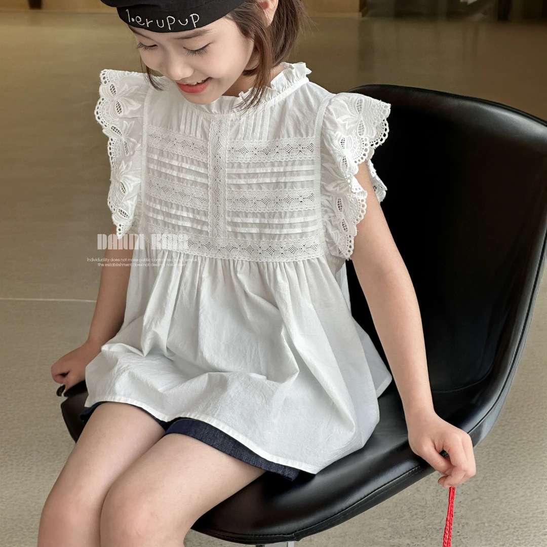 【嗒囜】满满公主风 拼接花边千针浮雕 100水洗棉女童夏季无袖上衣