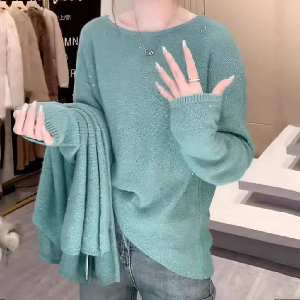 胸108-180长81亮片套头长袖减龄温柔薄荷绿显白百搭针织上衣 2220