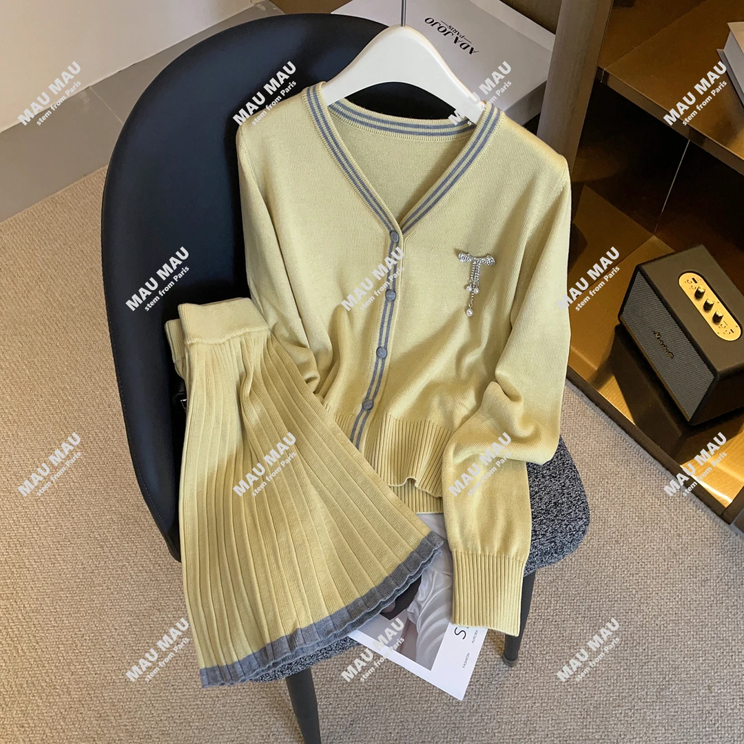 轻奢高端女装25秋季新款V领条纹毛针织开衫上衣+半身裙套装DY8546
