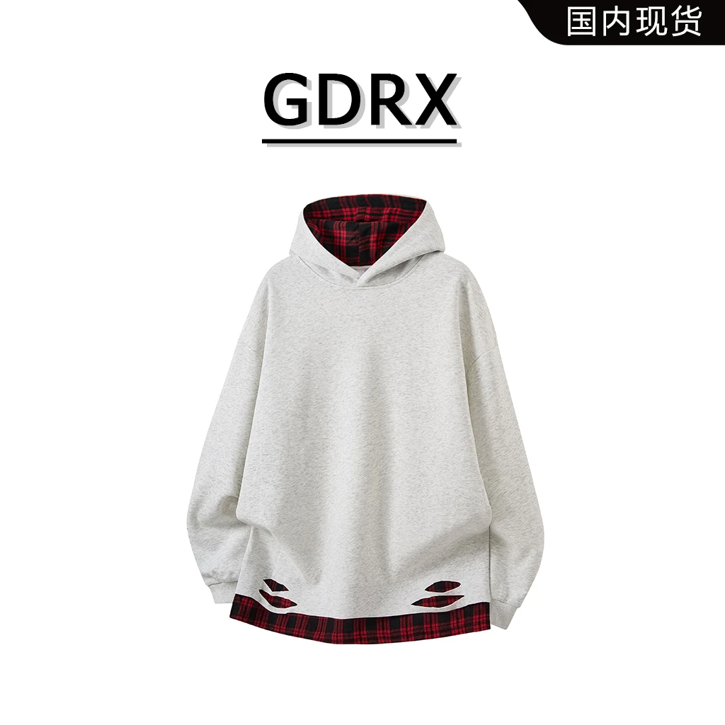 GDRX美式拼接潮流连帽卫衣男款2025秋冬季格子休闲百搭设计感上衣