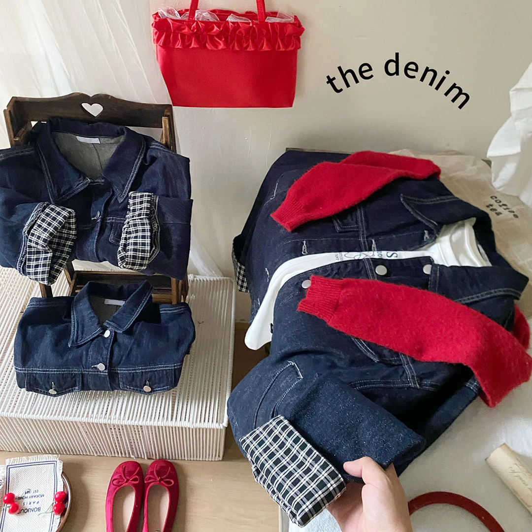 韩系品质袖口格子撞色牛仔外套女秋重工原色宽松休闲洗水夹克上衣