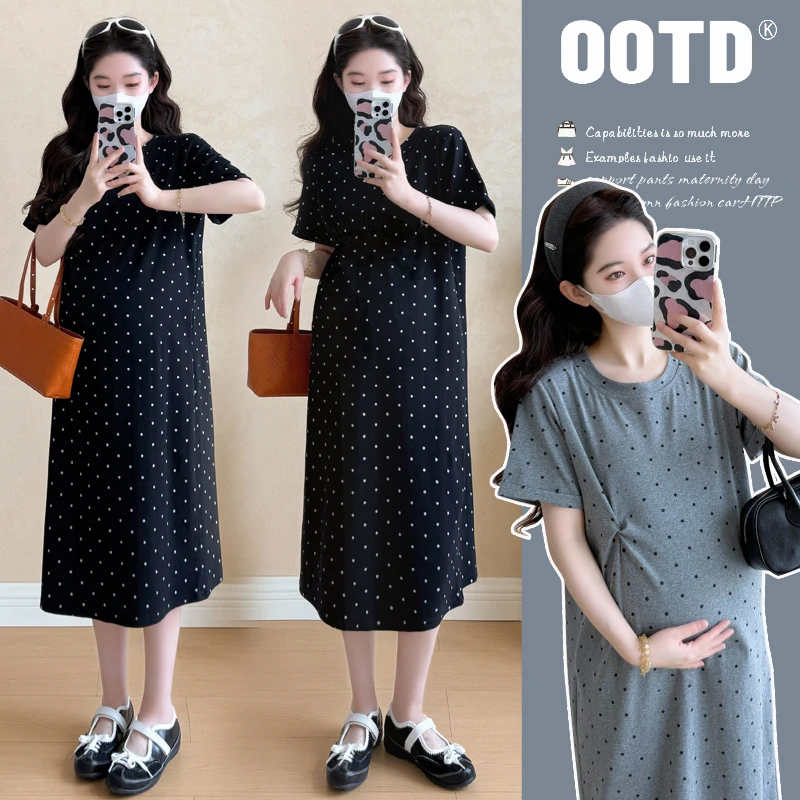 孕妇装2025夏季新款时尚波点经典圆领修身显瘦打结懒人孕妈连衣裙
