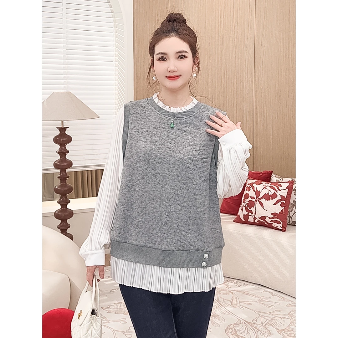 【法式假两件拼接上衣】MsShe大码女装2025气质针织衫S~E2501031