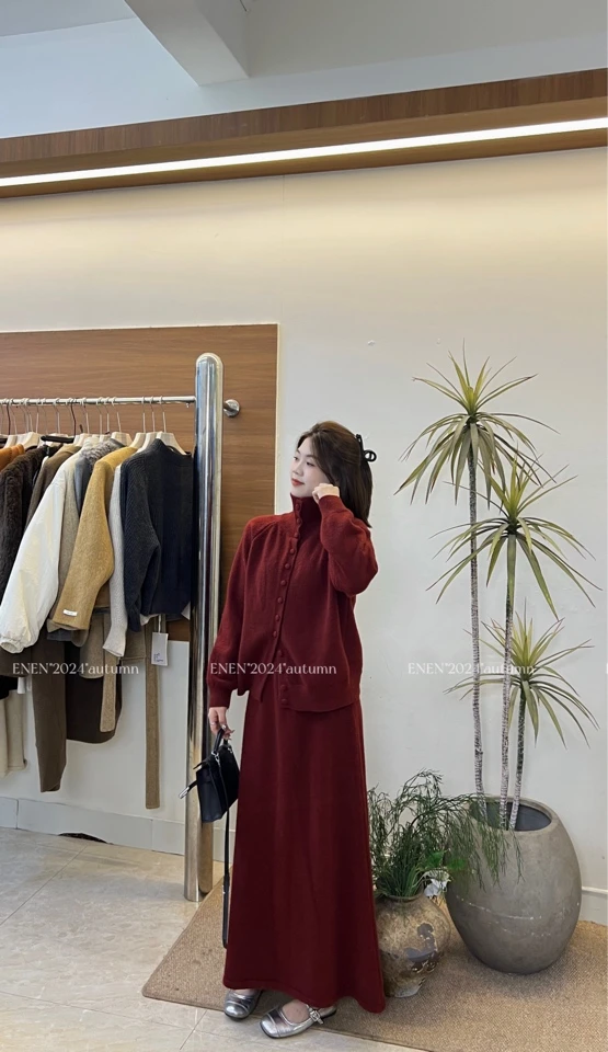 EE·韩系小扣子单排扣毛衣半裙两件套套装