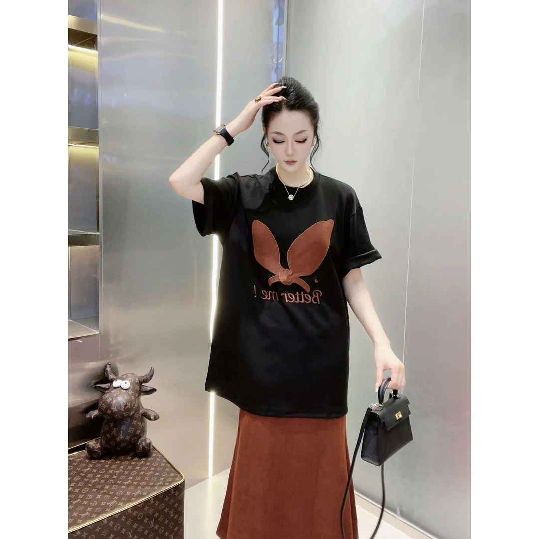 KIKI严选：38824-丽家欧洲站南油秋季新款蝴蝶字母刺绣短袖T恤